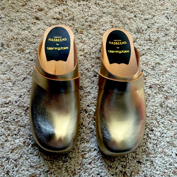 Swedish Hasbeens Shoes - Hasbeens x Bloomingdales gold clogs